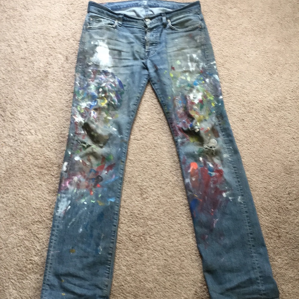 One of a kind men’s 7 painted jeans with holes